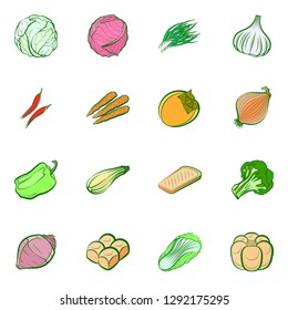 Bakery products and Vegetables set. Background for printing, design, web. Usable as icons. Colored.