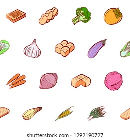 Bakery products and Vegetables set. Background for printing, design, web. Usable as icons. Seamless. Colored.