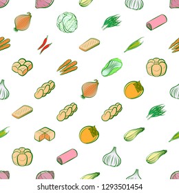 Bakery products and Vegetables set. Background for printing, design, web. Usable as icons. Seamless. Colored.