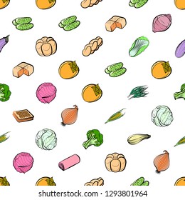 Bakery products and Vegetables set. Background for printing, design, web. Usable as icons. Seamless. Colored.