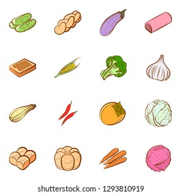 Bakery products and Vegetables set. Background for printing, design, web. Usable as icons. Colored.