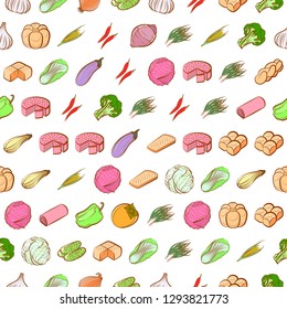 Bakery products and Vegetables set. Background for printing, design, web. Usable as icons. Seamless. Colored.