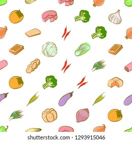 Bakery products and Vegetables set. Background for printing, design, web. Usable as icons. Seamless. Colored.