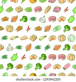 Bakery products and Vegetables set. Background for printing, design, web. Usable as icons. Seamless. Colored.