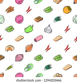 Bakery products and Vegetables set. Background for printing, design, web. Usable as icons. Seamless. Colored.