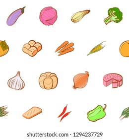 Bakery products and Vegetables set. Background for printing, design, web. Usable as icons. Seamless. Colored.