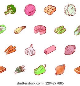 Bakery products and Vegetables set. Background for printing, design, web. Usable as icons. Seamless. Colored.