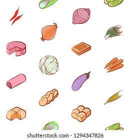 Bakery products and Vegetables set. Background for printing, design, web. Usable as icons. Seamless. Colored.