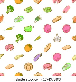 Bakery products and Vegetables set. Background for printing, design, web. Usable as icons. Seamless. Colored.