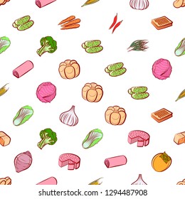 Bakery products and Vegetables set. Background for printing, design, web. Usable as icons. Seamless. Colored.