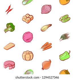 Bakery products and Vegetables set. Background for printing, design, web. Usable as icons. Seamless. Colored.