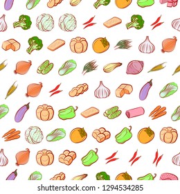 Bakery products and Vegetables set. Background for printing, design, web. Usable as icons. Seamless. Colored.