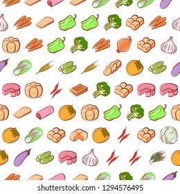 Bakery products and Vegetables set. Background for printing, design, web. Usable as icons. Seamless. Colored.