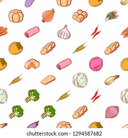 Bakery products and Vegetables set. Background for printing, design, web. Usable as icons. Seamless. Colored.