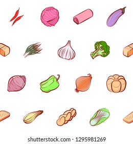 Bakery products and Vegetables set. Background for printing, design, web. Usable as icons. Seamless. Colored.