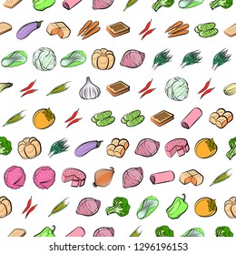 Bakery products and Vegetables set. Background for printing, design, web. Usable as icons. Seamless. Colored.