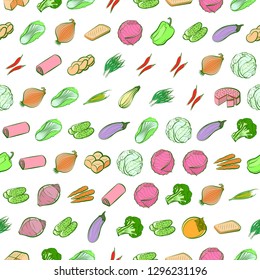 Bakery products and Vegetables set. Background for printing, design, web. Usable as icons. Seamless. Colored.