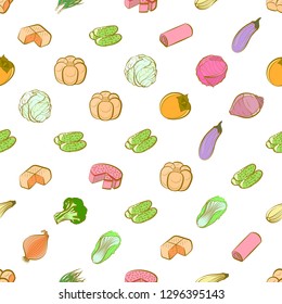 Bakery products and Vegetables set. Background for printing, design, web. Usable as icons. Seamless. Colored.