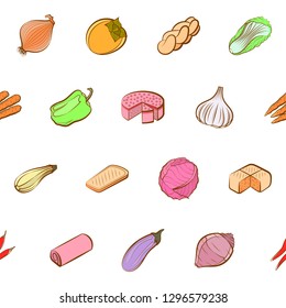 Bakery products and Vegetables set. Background for printing, design, web. Usable as icons. Seamless. Colored.