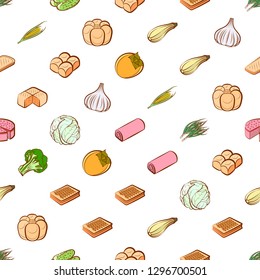 Bakery products and Vegetables set. Background for printing, design, web. Usable as icons. Seamless. Colored.