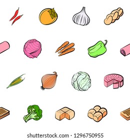 Bakery products and Vegetables set. Background for printing, design, web. Usable as icons. Seamless. Colored.