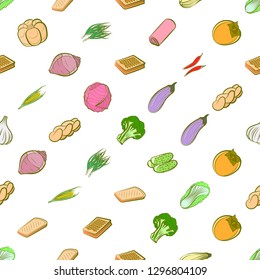 Bakery products and Vegetables set. Background for printing, design, web. Usable as icons. Seamless. Colored.