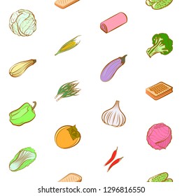 Bakery products and Vegetables set. Background for printing, design, web. Usable as icons. Seamless. Colored.