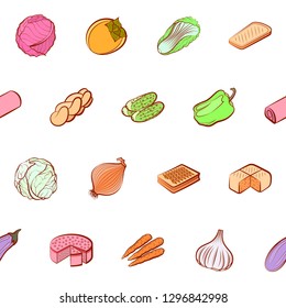 Bakery products and Vegetables set. Background for printing, design, web. Usable as icons. Seamless. Colored.