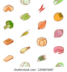 Bakery products and Vegetables set. Background for printing, design, web. Usable as icons. Seamless. Colored.