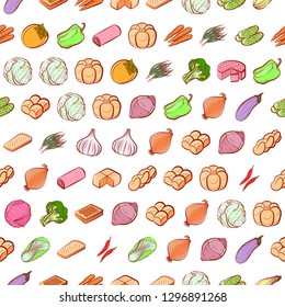 Bakery products and Vegetables set. Background for printing, design, web. Usable as icons. Seamless. Colored.