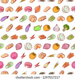 Bakery products and Vegetables set. Background for printing, design, web. Usable as icons. Seamless. Colored.