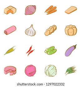 Bakery products and Vegetables set. Background for printing, design, web. Usable as icons. Colored.