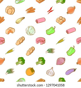 Bakery products and Vegetables set. Background for printing, design, web. Usable as icons. Seamless. Colored.