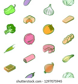 Bakery products and Vegetables set. Background for printing, design, web. Usable as icons. Seamless. Colored.