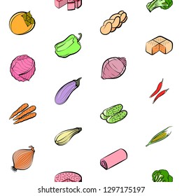 Bakery products and Vegetables set. Background for printing, design, web. Usable as icons. Seamless. Colored.