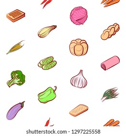 Bakery products and Vegetables set. Background for printing, design, web. Usable as icons. Seamless. Colored.