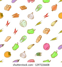 Bakery products and Vegetables set. Background for printing, design, web. Usable as icons. Seamless. Colored.