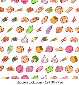 Bakery products and Vegetables set. Background for printing, design, web. Usable as icons. Seamless. Colored.