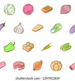 Bakery products and Vegetables set. Background for printing, design, web. Usable as icons. Seamless. Colored.