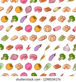 Bakery products and Vegetables set. Background for printing, design, web. Usable as icons. Seamless. Colored.