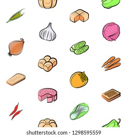 Bakery products and Vegetables set. Background for printing, design, web. Usable as icons. Seamless. Colored.