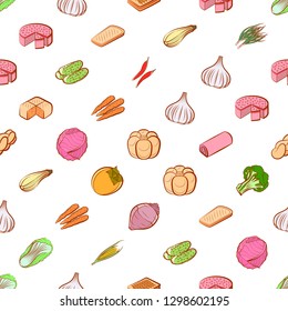 Bakery products and Vegetables set. Background for printing, design, web. Usable as icons. Seamless. Colored.