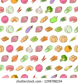 Bakery products and Vegetables set. Background for printing, design, web. Usable as icons. Seamless. Colored.