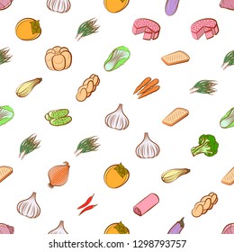 Bakery products and Vegetables set. Background for printing, design, web. Usable as icons. Seamless. Colored.