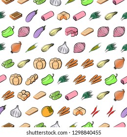 Bakery products and Vegetables set. Background for printing, design, web. Usable as icons. Seamless. Colored.