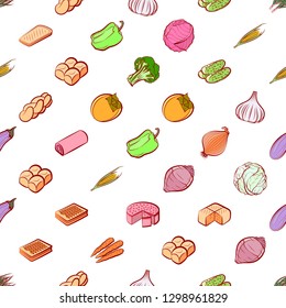 Bakery products and Vegetables set. Background for printing, design, web. Usable as icons. Seamless. Colored.