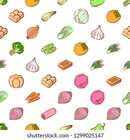 Bakery products and Vegetables set. Background for printing, design, web. Usable as icons. Seamless. Colored.