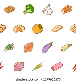 Bakery products and Vegetables set. Background for printing, design, web. Usable as icons. Seamless. Colored.