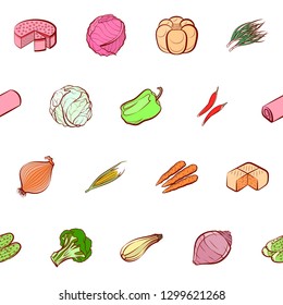 Bakery products and Vegetables set. Background for printing, design, web. Usable as icons. Seamless. Colored.