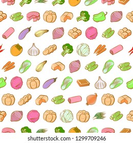 Bakery products and Vegetables set. Background for printing, design, web. Usable as icons. Seamless. Colored.